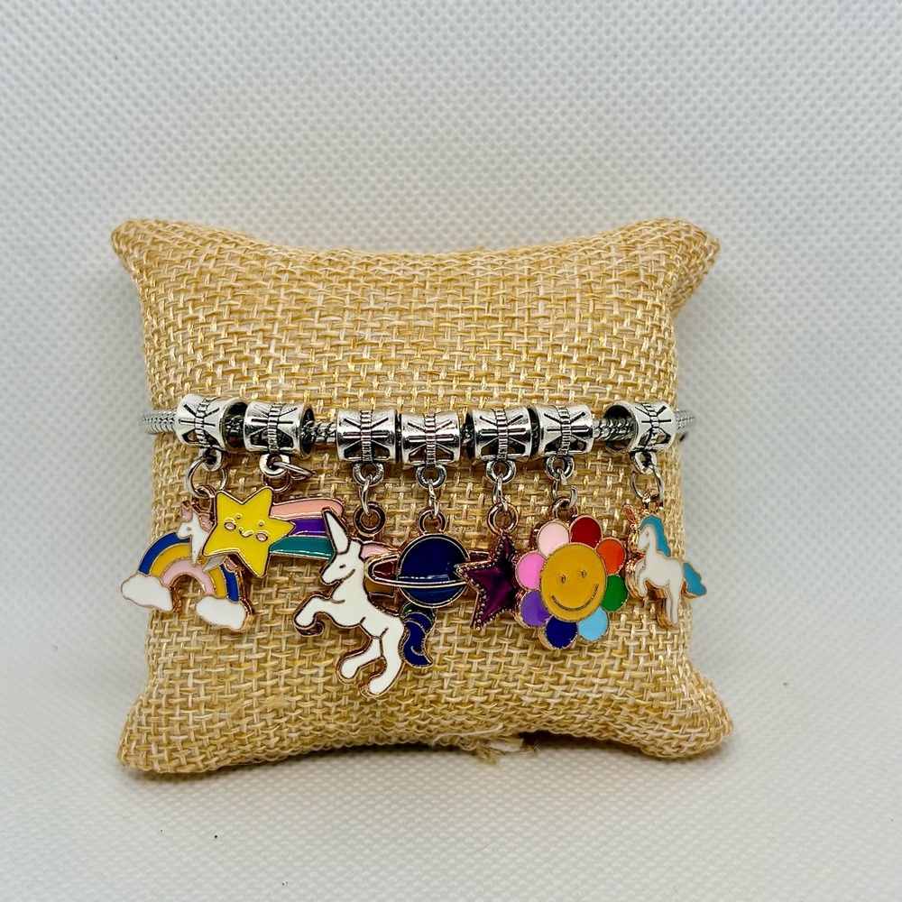 Kawaii Unicorn Rainbow Charm Pandora Style Bracelet, Colorful Enamel Charms, Y2K - Picture 7 of 16